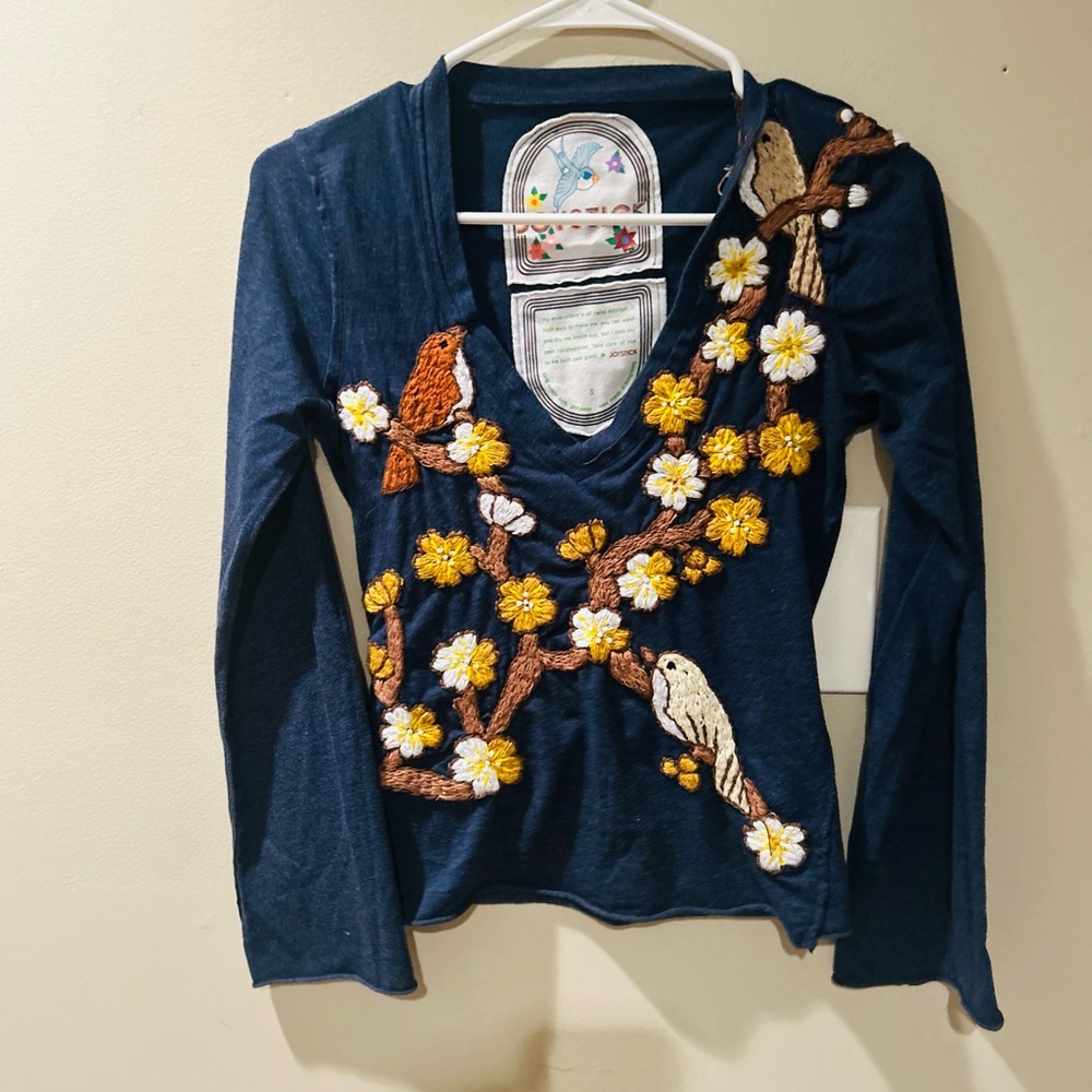 Johnny Was Navy Top with Floral and Bird Embroidery